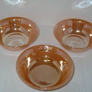 3 Vintage Fire King Peach Luster LAUREL LEAF BOWLS Oven Ware 8.25"x2.75"T USA B